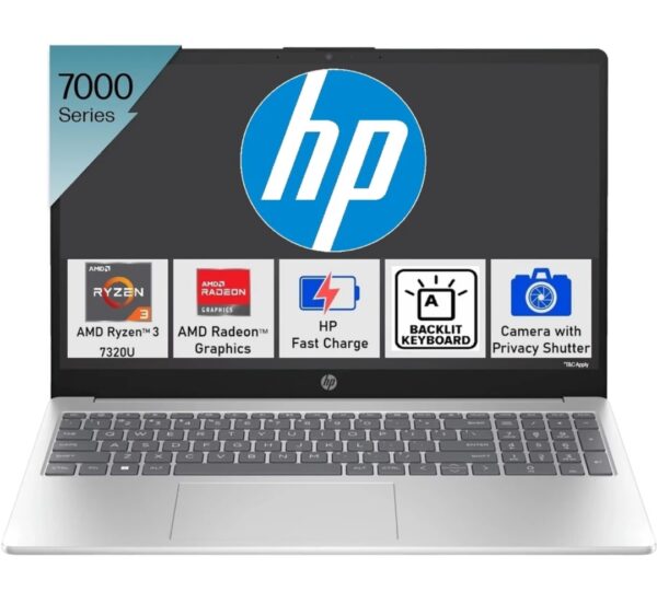 HP 15s Backlit Keyboard AMD Ryzen 3 Quad Core 7320U - (8 GB/512 GB SSD/Windows 11 Home) 15-fc0026AU Thin and Light Laptop (15.6 Inch, Natural Silver, 1.59 kg, With MS Office)